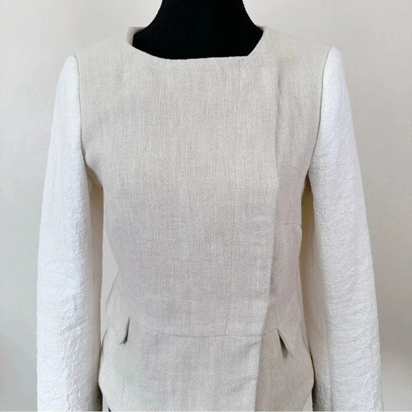 Zara Beige Linen Moto Jacket Textured Sleeve Beige White Jacket - Picture 3 of 16